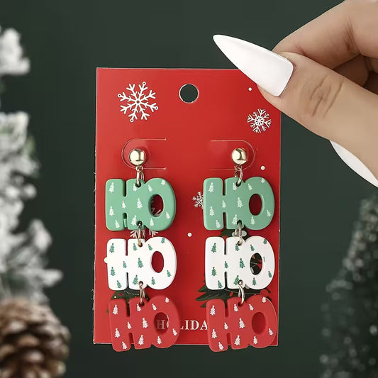 CHRISTMAS FESTIVE DANGLE EARRINGS - ACRYLIC 'HO HO HO'