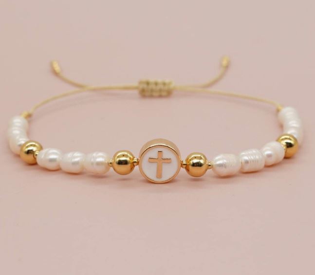 PEARL CROSS STRING BRACELET - GOLD