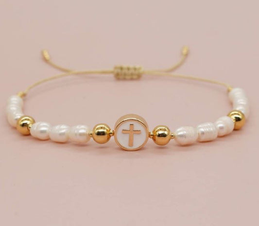 PEARL CROSS STRING BRACELET - GOLD