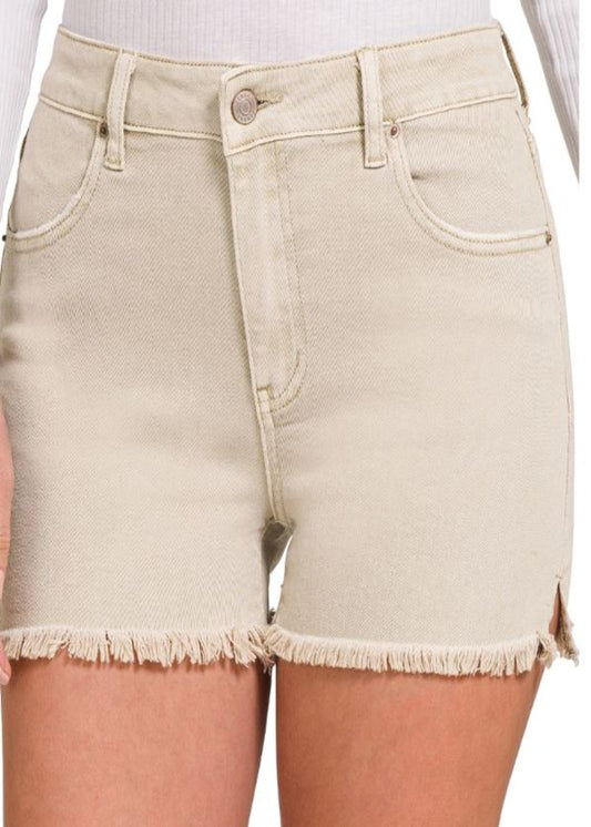 ACID WASHED FRAYED CUTOFF HEM SHORTS - SAND BEIGE