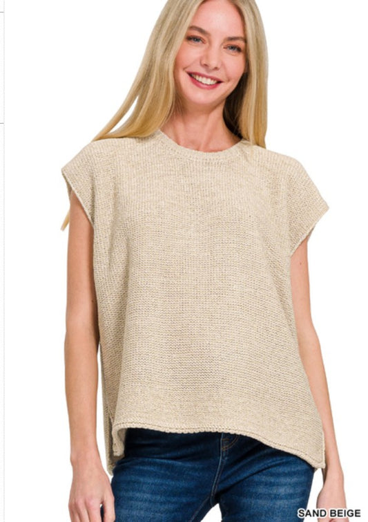 OVERSIZED CREW NECK SWEATER VEST - SAND BEIGE