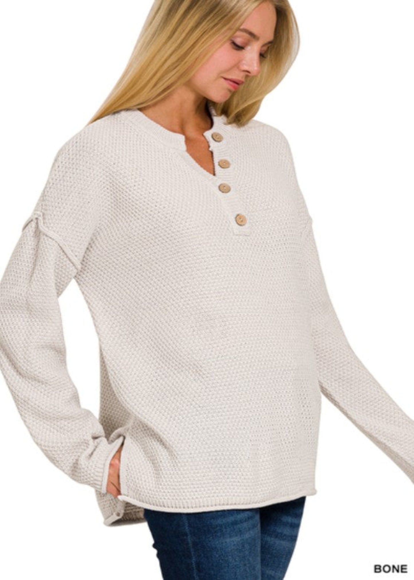 4 BUTTONS HENLEY NECKLINE BASIC SWEATER - BONE