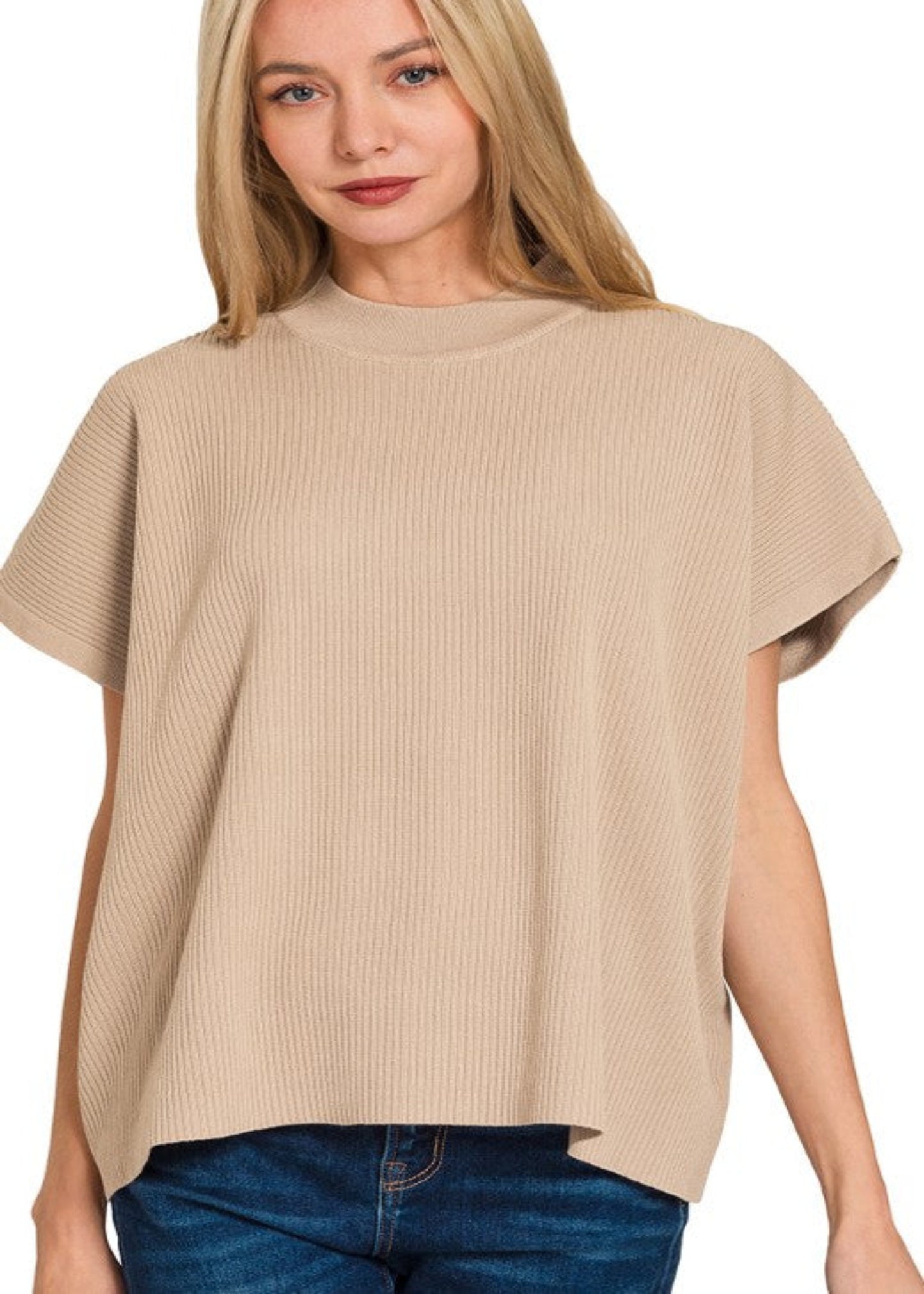 VISCOSE MOCK NECK SHORT SLEEVE SWEATER - LIGHT MOCHA