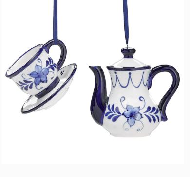 BLUE/WHITE FLORAL TEAPOT/CUP ORNAMENTS