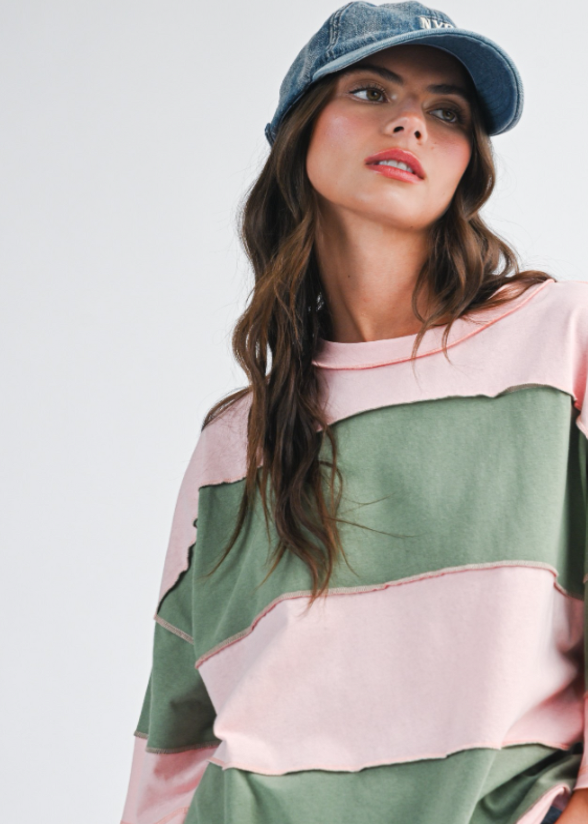 CONTRAST PANEL LONG SLEEVE SLOUCHY TOP-PEONY/GREEN