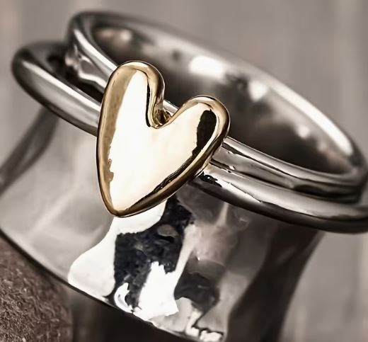 BOHEMIAN WIDE HEART TWO TONED RING