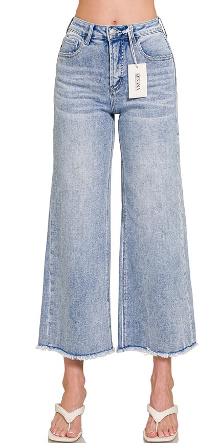 HIGH WAIST WIDE LEG FRAY HEM DENIM PANTS