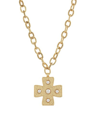 PEARL CROSS CHAIN NECKLACE - GOLD