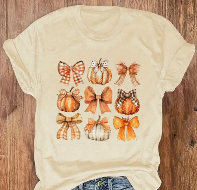 FESTIVE PUMPKIN AND BOW DESIGN T-SHIRT