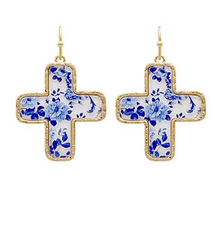 CROSS BLUE FLOWR PRINTED DROP EARRINGS - BLUE/VINTAGE GOLD