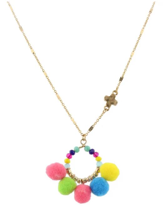 14" KIDS NECKLACE MULTI BEADED CIRCLE WITH POMS AND CROSS