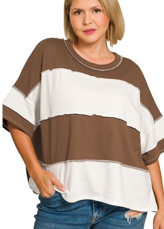 PLUS FRENCH TERRY COLOR BLOCED EXPOSED SEAM TOP - BROWN