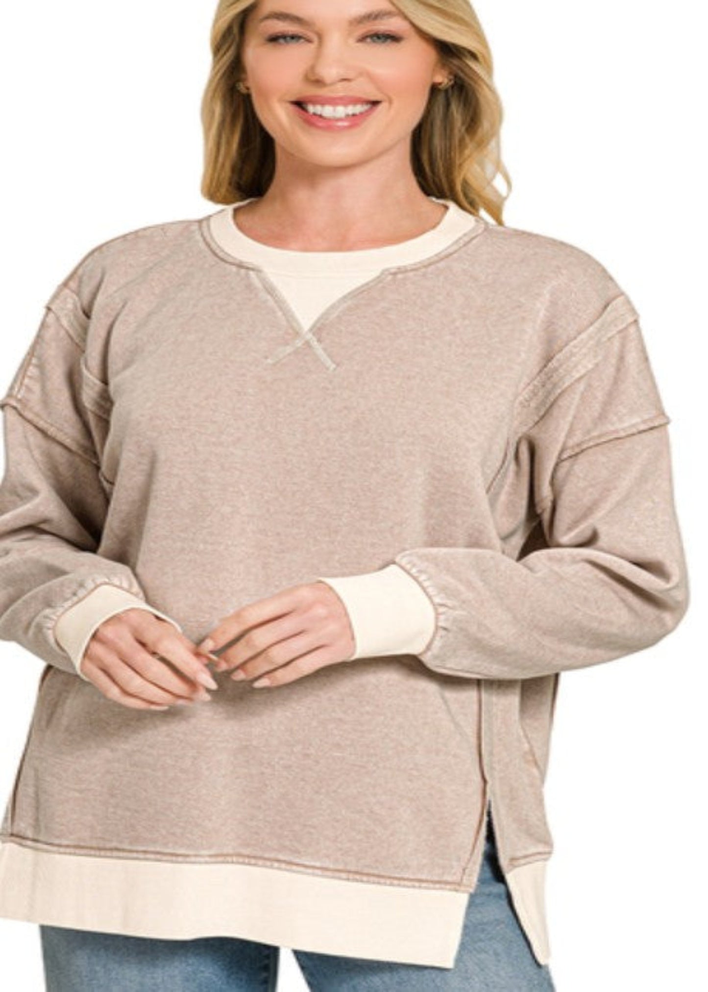 FLEECE ACID WASHED CONTRAST PULLOVER - MOCHA