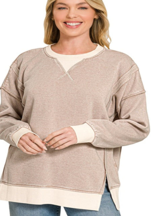 FLEECE ACID WASHED CONTRAST PULLOVER - MOCHA