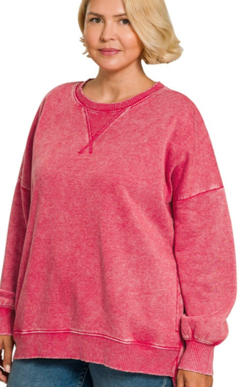 ACID WASH FLEECE HI-LOW HEM SWEATSHIRT - PLUS SIZE DARK RED