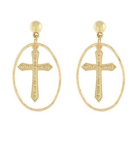 GOLD OVAL CROSS EARRINGS