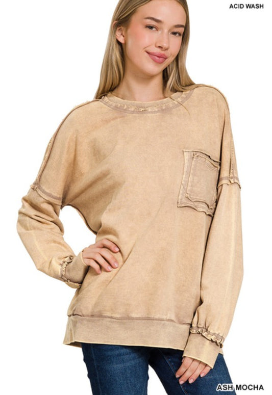 PLUS F/TERRY ACID WASH PULLOVER - ASH MOCHA