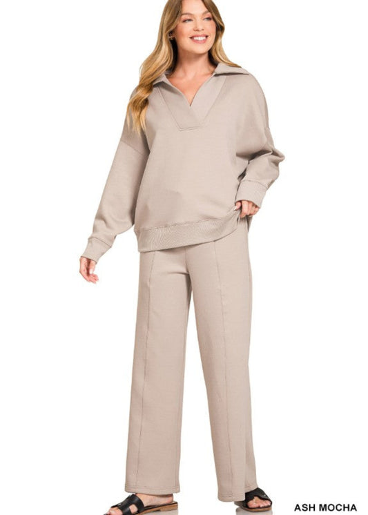 SCUBA COLLARED PULLOVER & PANTS SET - ASH MOCHA