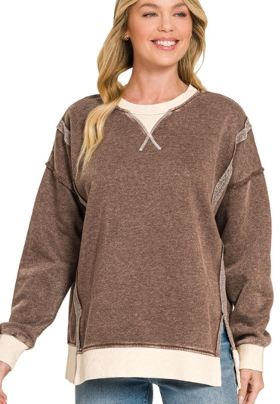 FLEECE ACID WASHED CONTRAST PULLOVER - CHOCOLATE