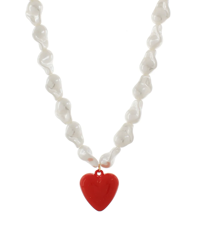 PUFFY HEART BAROQUE PEARL NECKLACE- CREAM/RED