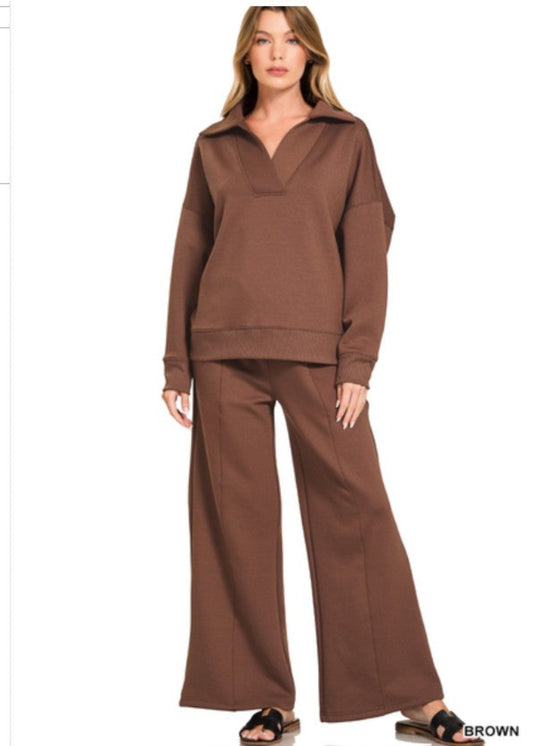 SCUBA COLLARED PULLOVER & PANTS SET - BROWN
