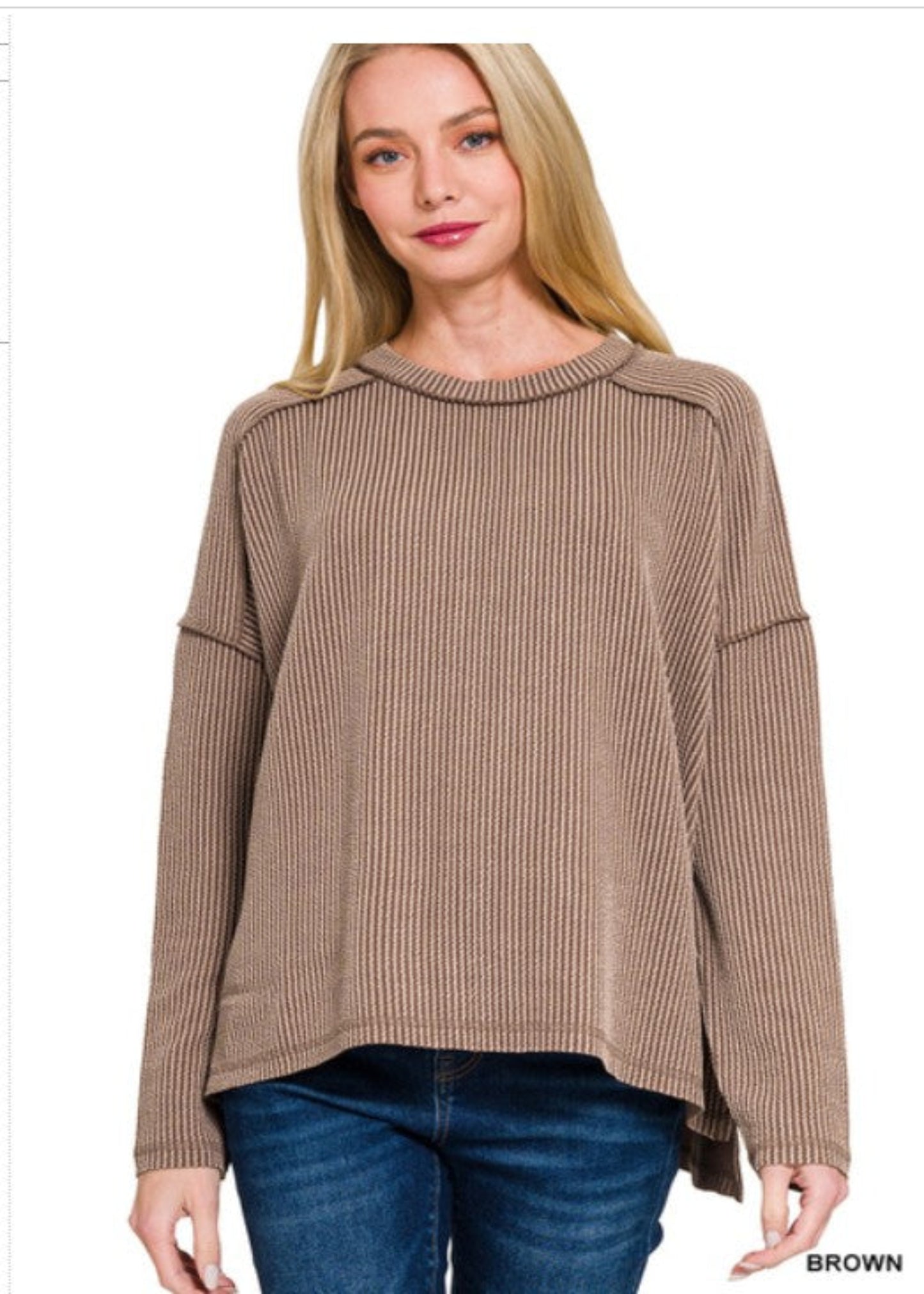 PLUS RAISED RIB RAW EDGE BOAT NECK LONG SLEEVE TOP - BROWN