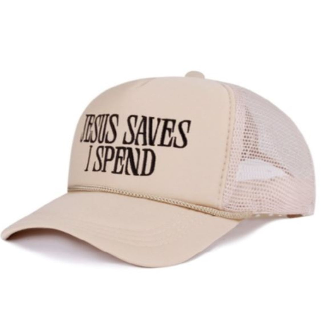 JESUS SAVES I SPEND MESH TRUCKER CAP - ASH MOCHA