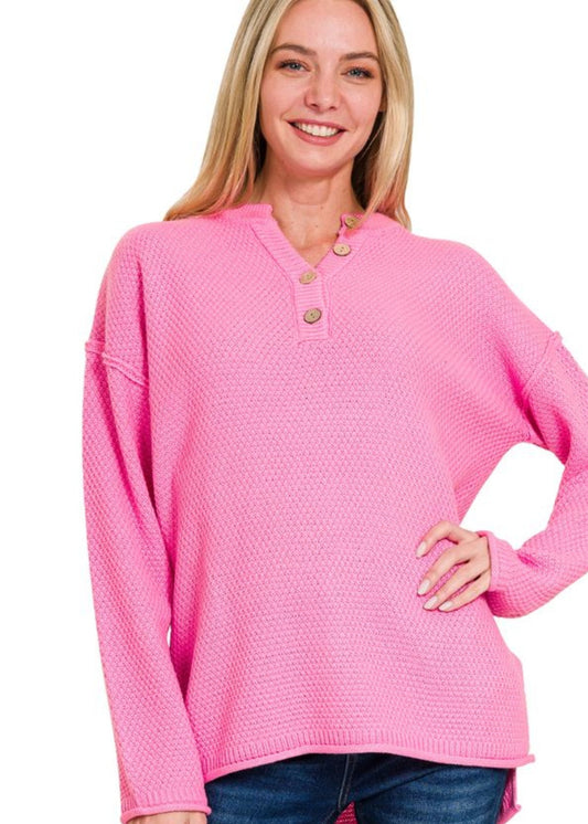 4 BUTTONS HENLEY NECKLINE BASIC SWEATER - CANDY PINK