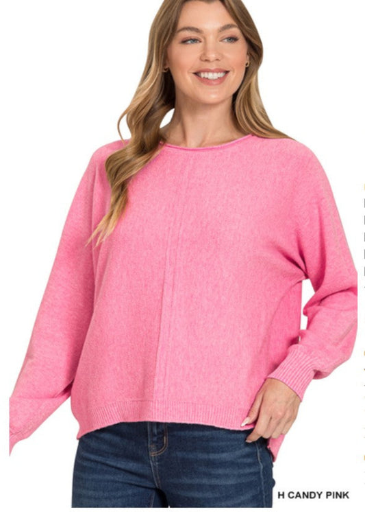 VISCOSE FRONT SEAM ROUND NECK SWEATER - H CANDY PINK