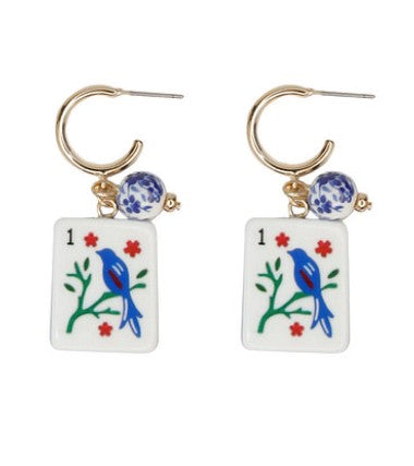 MAHJONG TILE EARRINGS - BLUE BIRD