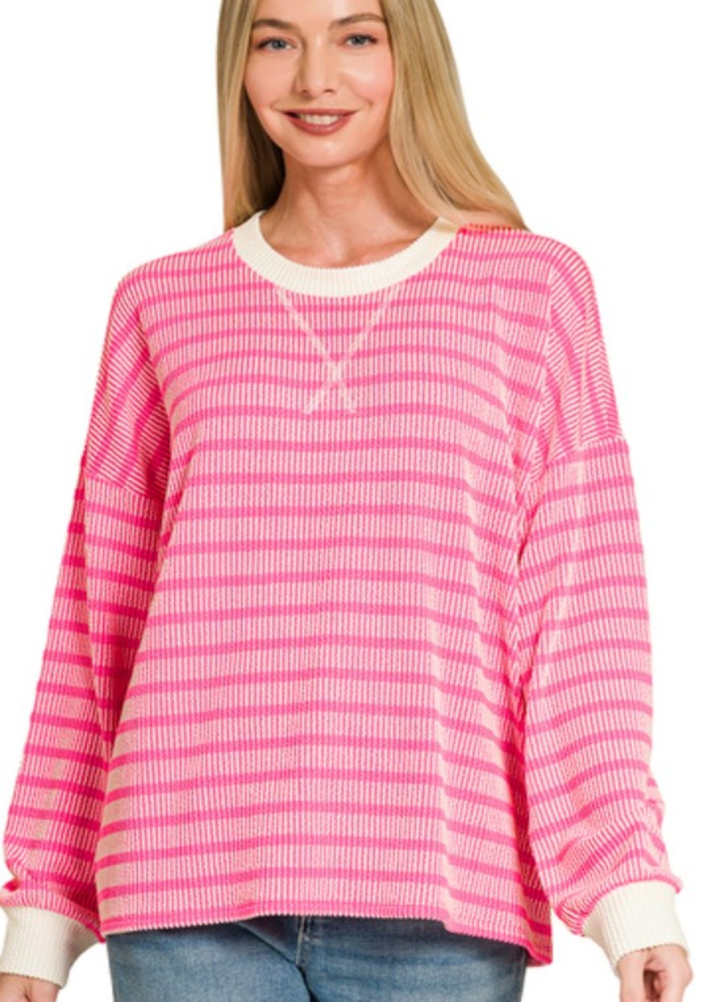 RAISED RIB STRIPED ROUND NECK PULLOVER - HOT PINK