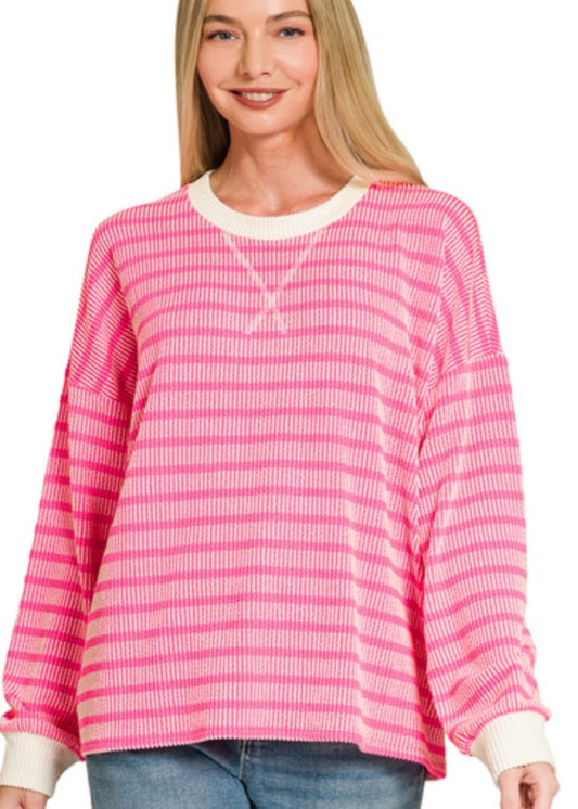 RAISED RIB STRIPED ROUND NECK PULLOVER - HOT PINK