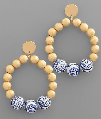 CHINOISERIE & CCB CIRCLE EARRINGS - GOLD/WHITE/BLUE