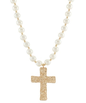 CREAM AND GOLD PEARL CROSS NECKLACE