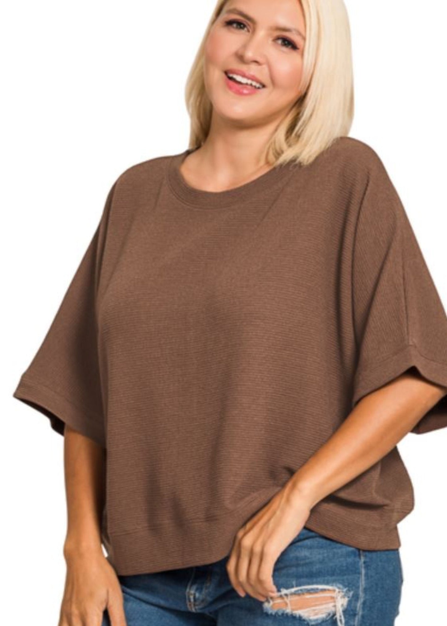 PLUS DOUBLE KNIT BANDED SHORT SLEEVE TOP - BROWN