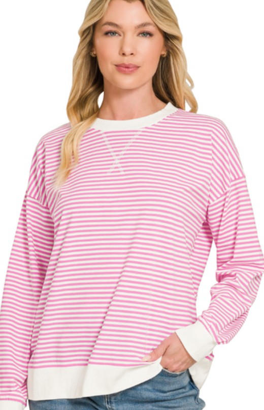 STRIPED RIB BANDED PULLOVER - CANDY PINK