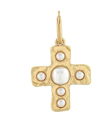 PAVE PEARL CROSS CHARM - GOLD/CREAM