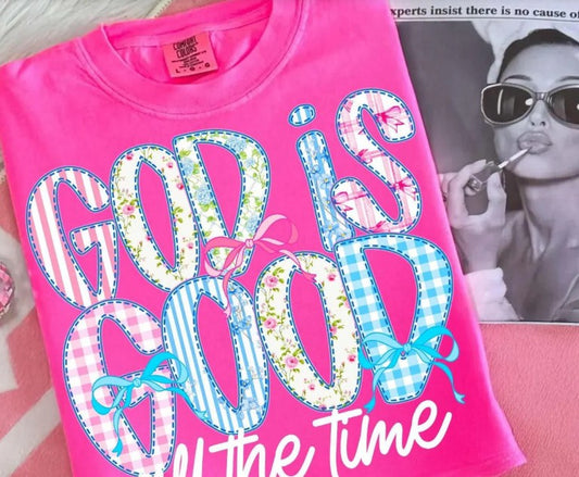 GOD IS GOOD ALL THE TIME PATCHWORK TEE - NEON PINK