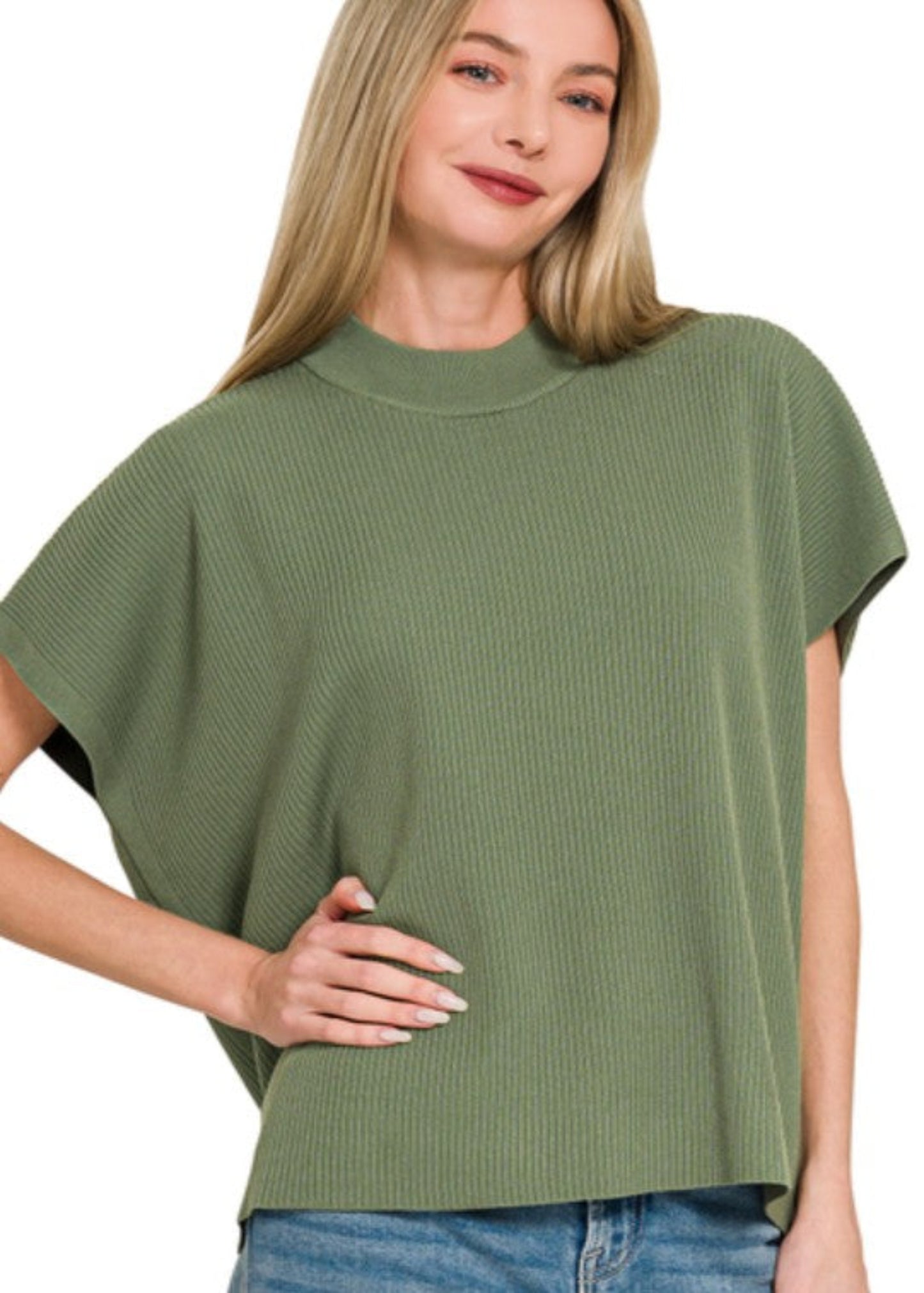 VISCOSE MOCK NECK SHORT SLEEVE SWEATER - LIGHT OLIVE