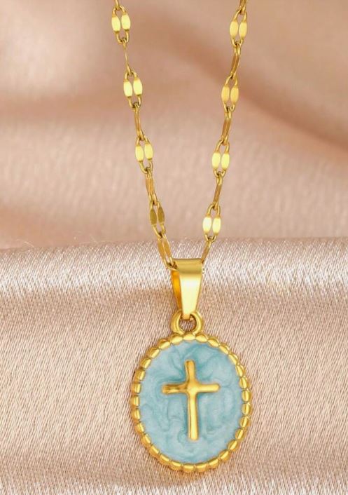 VERSATILE GOLD CROSS NECKLACE - BLUE