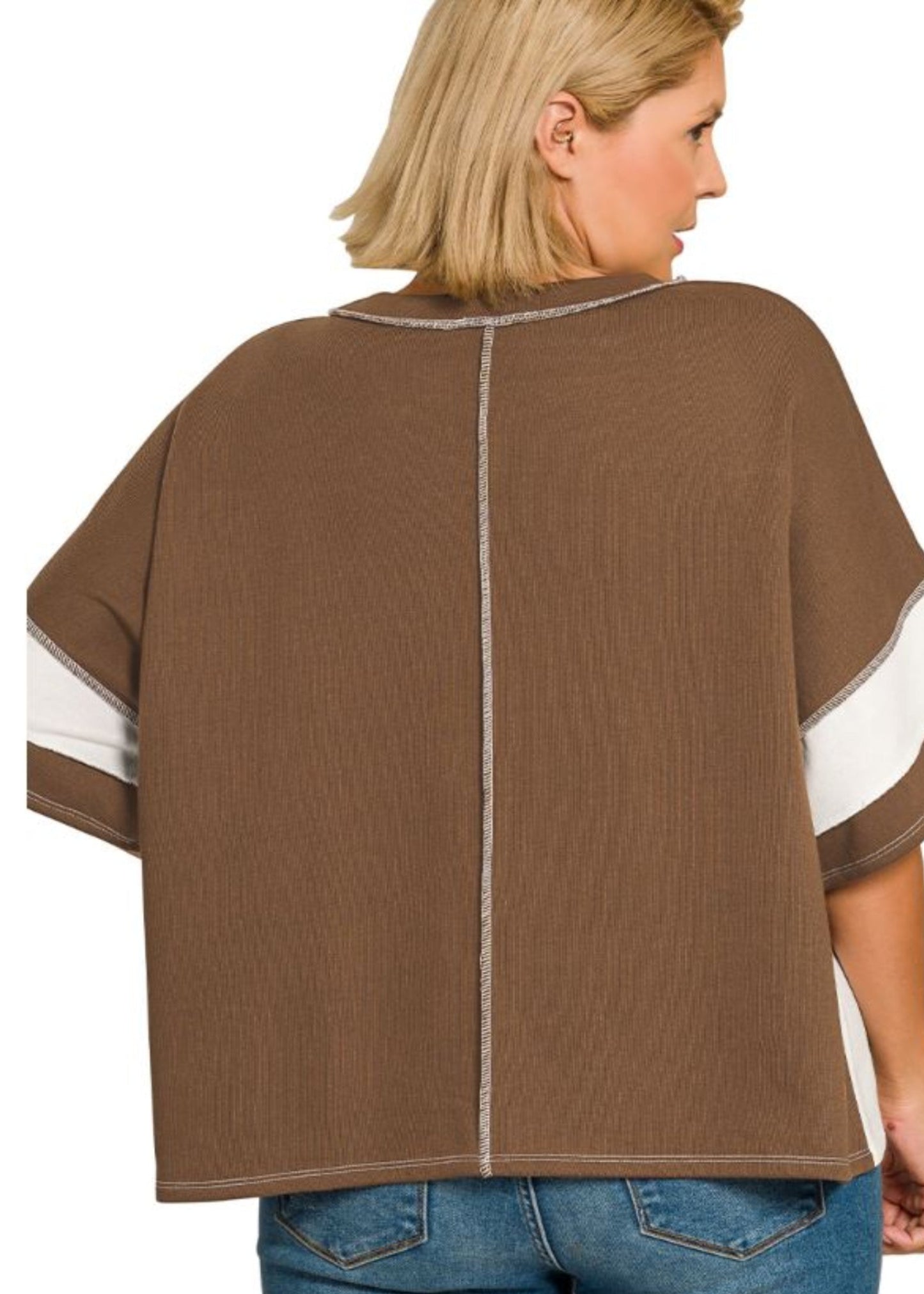 PLUS FRENCH TERRY COLOR BLOCED EXPOSED SEAM TOP - BROWN
