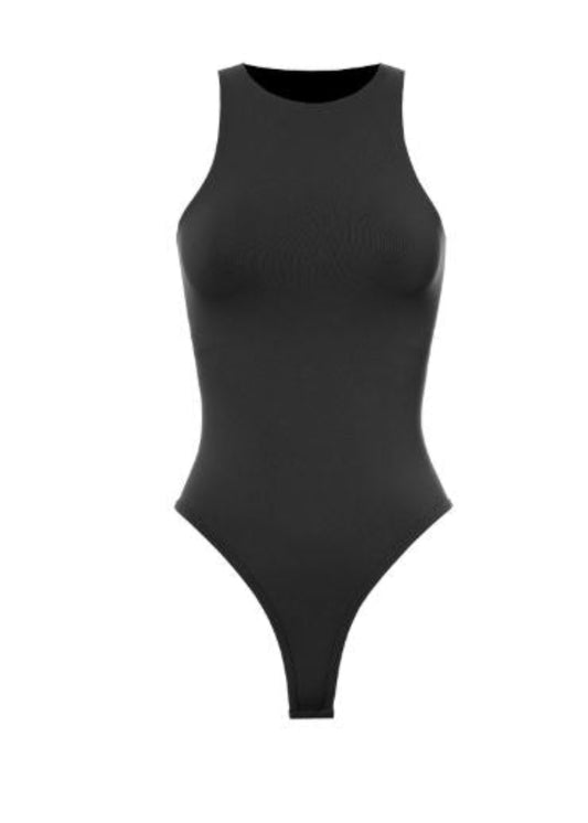DOUBLE LAYERED ROUND NECK SLEEVELESS BLACK BODYSUIT : ONE SIZE