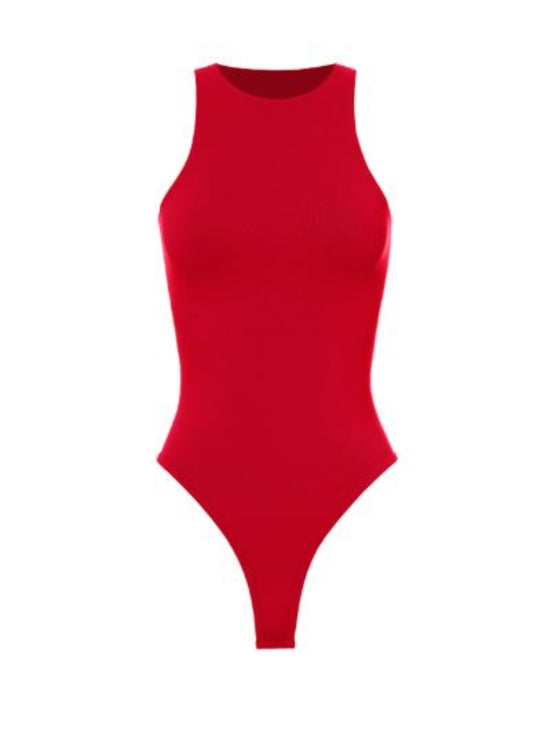 DOUBLE LAYERED ROUND NECK SLEEVELESS RED BODYSUIT : ONE SIZE