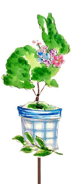 BOXWOOD RABBIT IN BLUE POT - SMALL WITH FLOWERS