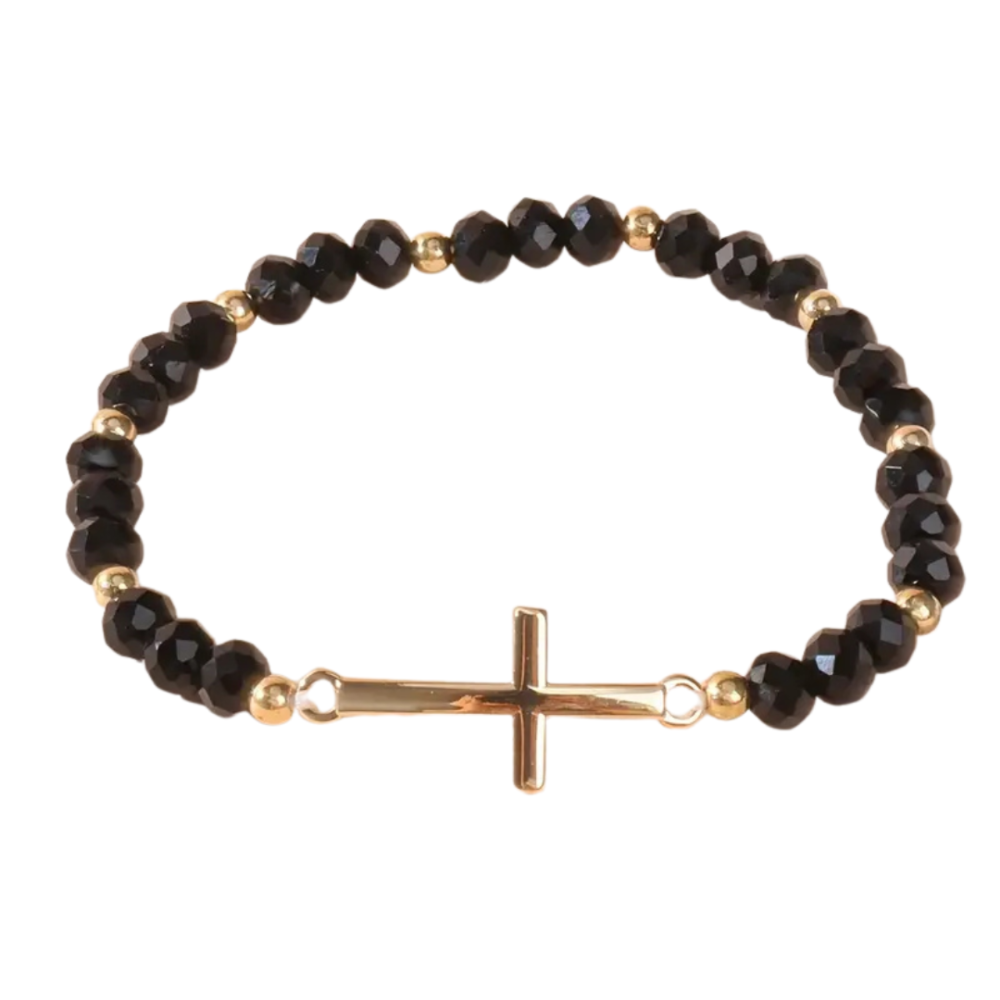 BEADED BRACELET - CROSS CRYSTAL IN BLACK