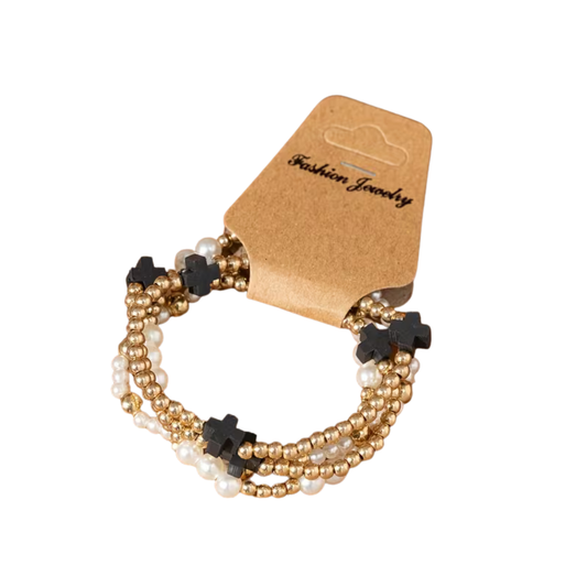 BOHO CHIC BRACELET 4 PIECE SET - BLACK AND GOLD CROSS