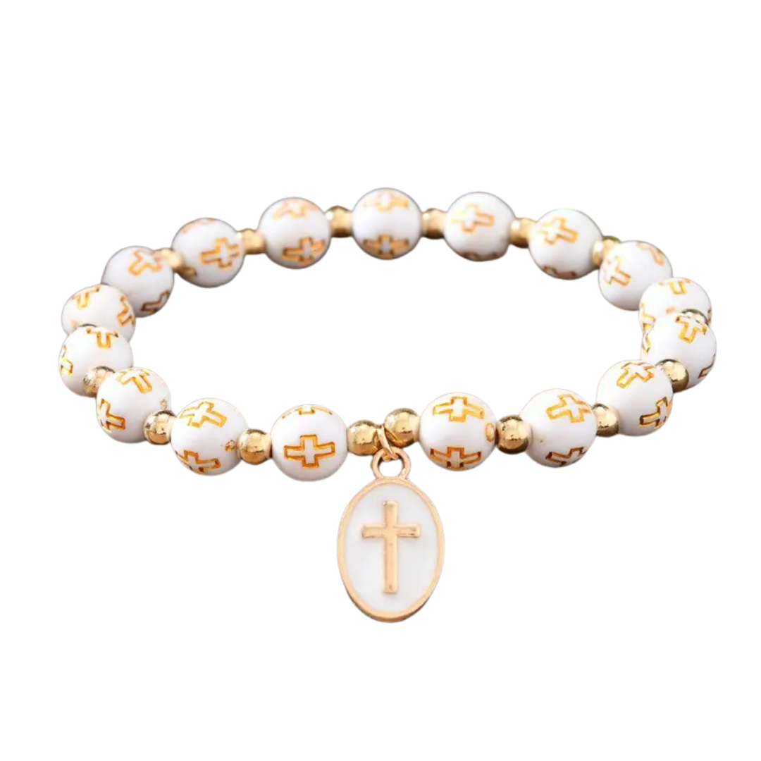 HANDMADE ELEGANT BEADED CROSS BRACELET - WHITE