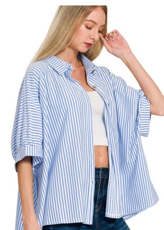 LILLY BUTTON UP TOP- CORNFLOWER BLUE