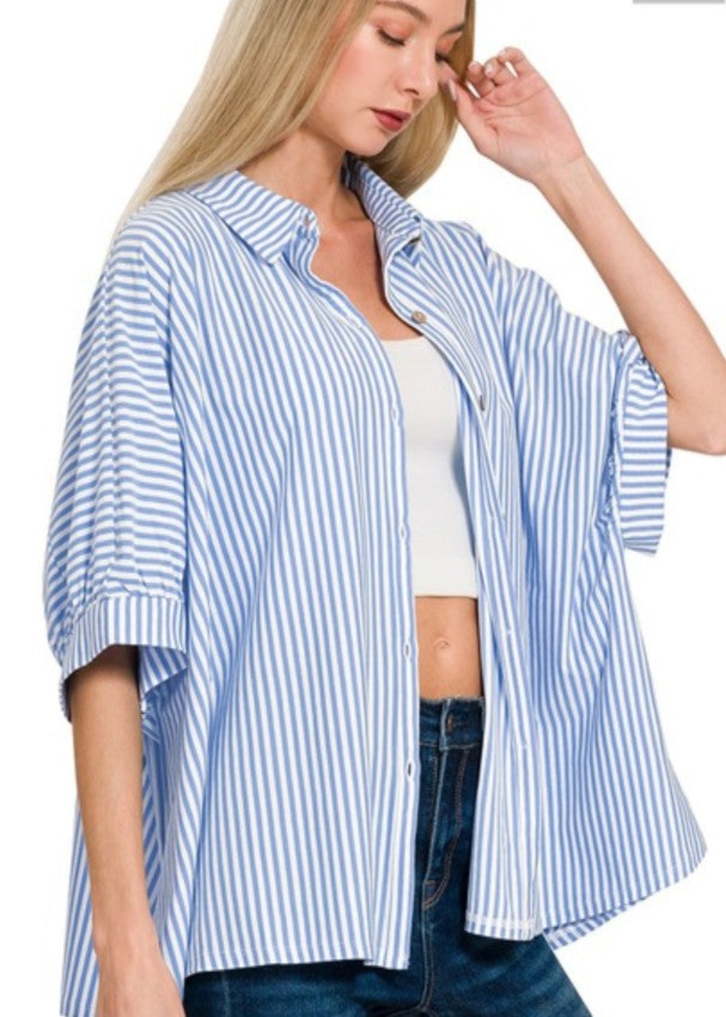 LILLY BUTTON UP TOP- CORNFLOWER BLUE PLUS