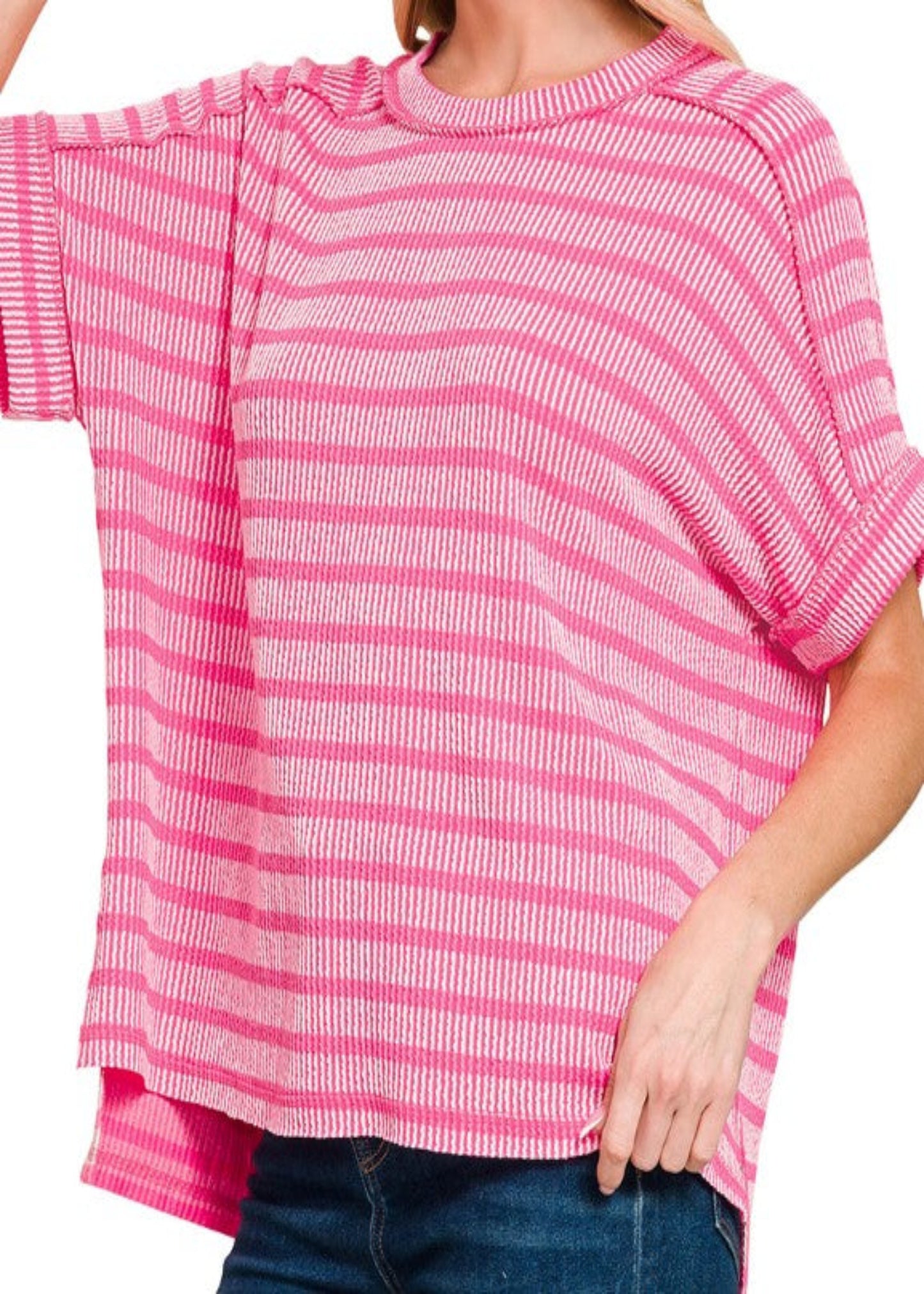 RIB STRIPED TOP - HOT PINK